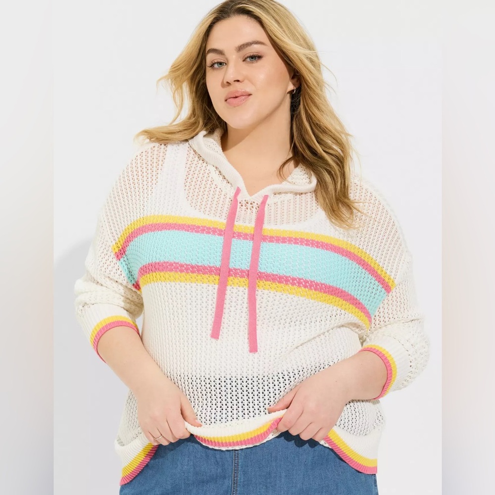 Torrid Pointelle Knit Boxy Cotton Blend Hoodie White Pink Yellow Teal 1XL